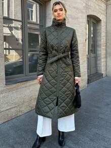 EURMUSE Solid Colour Padded Quilted Coat With Belt, Modern And Warm - Dark Green - View 2
