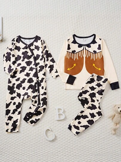 2pcs Young Girl Simple Cow Print Long Sleeve Top And Pants Homewear Set