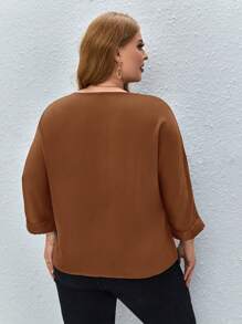 SHEIN Clasi Plus Size Casual Solid Color Notched Neck Batwing Sleeve Blouse - Brown - View 2