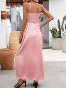 SHEIN Clasi 1 件女士纯色 V 领开衩下摆优雅吊带裙 - 粉色 - 查看 2