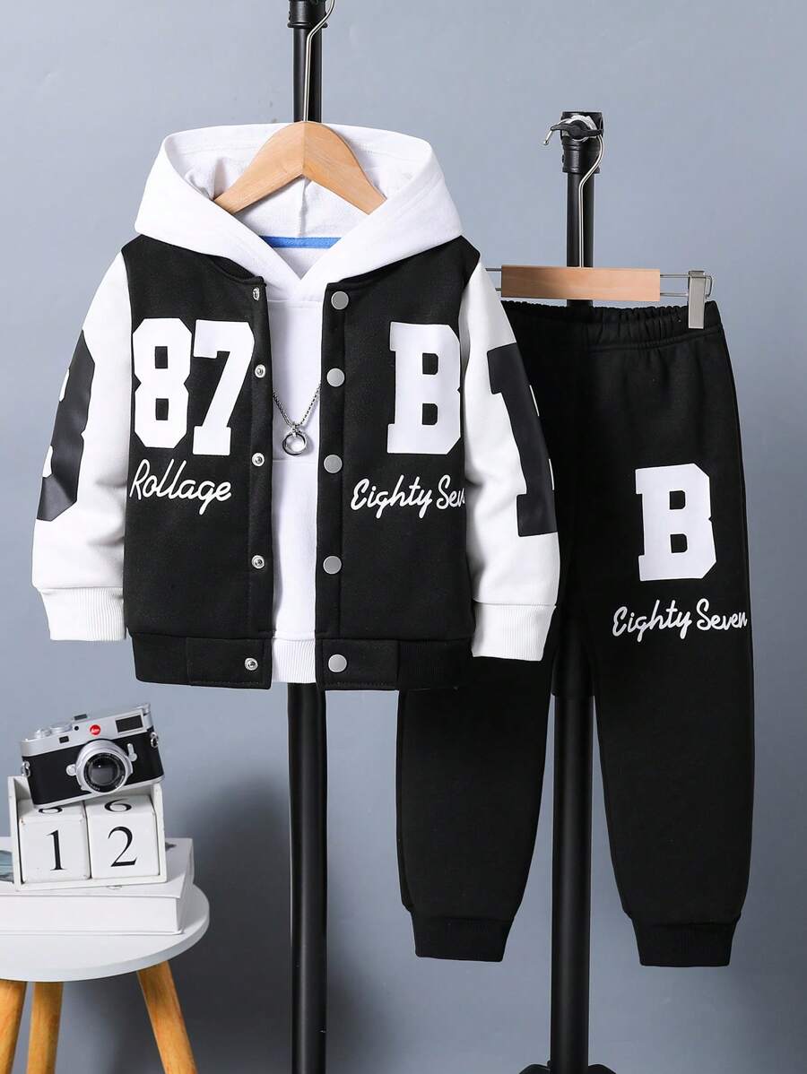 SHEIN 1 套年轻男孩休闲彩色块字母印花夹克和运动裤套装，适合秋冬季日常、上学、运动、外出 - 黑與白 - 查看 1