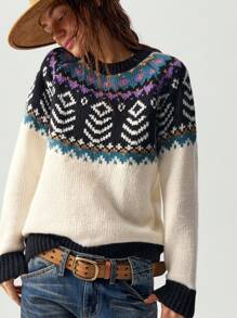 Bohemela Loose Round Neck Long Sleeve Sweater For Women, Vacation Style - White - View 1