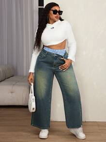 SHEIN SXY Plus Size Women Loose Fit Pocketed Wide Leg Casual Jeans