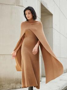 Aveloria Modichic 2 Stücke Damen Herbstmode Set, enthält hochgeschlossenen warmen und bequemen Cape und passendes Kleid, stilvoller Straßenmode Look für Damen - Khaki - Übersicht 5