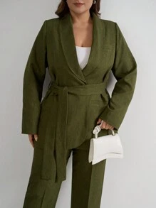 SHEIN Cottnline Plus Size Women's Long Jacket And Straight Pant Two Pieces Set - Army Green - View 5