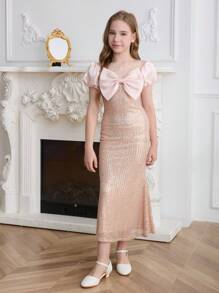 SHEIN 儿童正式花童礼服，轻便奢华专属高端钢琴演奏表演服装，适合青少年女孩，适合圣诞节 - 香檳色 - 查看 7