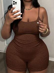 Slaydiva Jumpsuit Tipis Bertekstur Ribbed Warna Polos untuk Wanita Ukuran Plus, Cocok untuk Sehari-hari, Kasual & Olahraga, Musim Semi/Musim Panas - Coklat - View 2