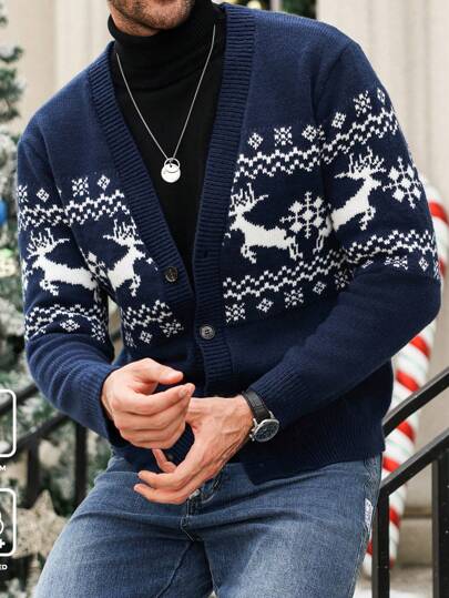 Manfinity CityGents Men Casual Long Sleeve Button Front Cardigan With Deer Pattern, Autumn/Winter Christmas Sweater Graphic Chunky Cardigan Casual Royal Blue Party Deer Color Block Cardigan, For Husband, Boyfriend Gifts