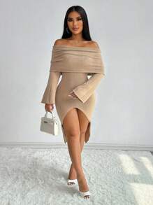 VaVaBold Off-The-Shoulder Layered Design Slit Fitted Sweater Dress - Khaki - View 4