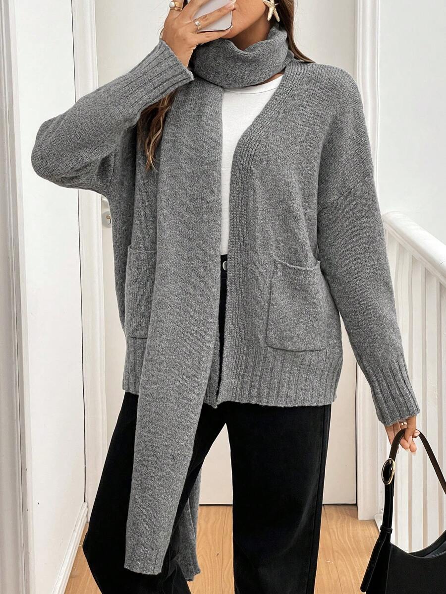 SHEIN Frenchy 女式纯色落肩长袖双口袋休闲开衫，秋冬 - 灰色 - 查看 1