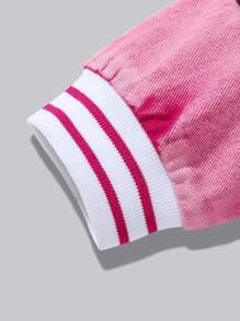 Young Girl Vintage American Style Street Fashion Colorblock Striped Ribbed Teddy Bear Letter Embroidery Collar Long Sleeve Pink Baseball Jacket