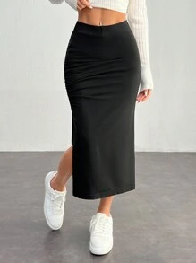 SHEIN PETITE 1pc Women Plain Color Split Pleat Minimalist A-Line Skirt, Casual Daily Wear