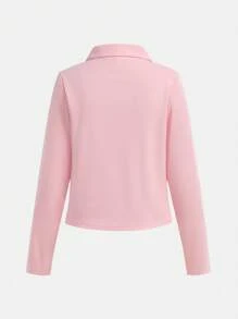 2pcs/Set Teen Girls Y2K Style Pink Ribbed Knit Collared Long Sleeve Cropped Top & Denim Flared Pants With Elastic Heart Print - Multicolor - View 4