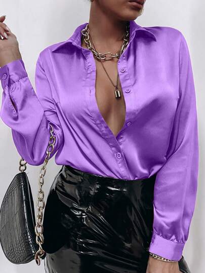 Maweii 大码女式休闲纯色纽扣长袖衬衫