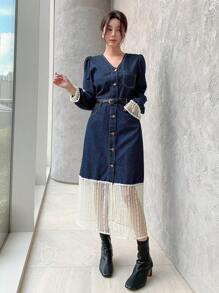 DAZY Women Lace Patchwork Front Button Long Sleeve Casual Denim Dress, Everyday Wear,Fall Clothes