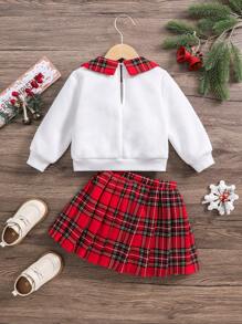 SHEIN 2pcs/Set Baby Girl Christmas Cute Red And White Plaid Outfit,Ruffled Collar Sweatshirt&Pleated Skirt,Autumn Back-To-School Holiday Party Clothes - White - View 2