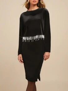 SHEIN Clasi 2pcs Pearl Tassel Party Slit Outfit For Women Christmas - Black - View 4