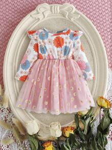 SHEIN 女婴 2-4 岁秋冬新品可爱休闲日常柔软面料花卉雏菊薄纱泡泡袖公主裙 - 粉色 - 查看 1