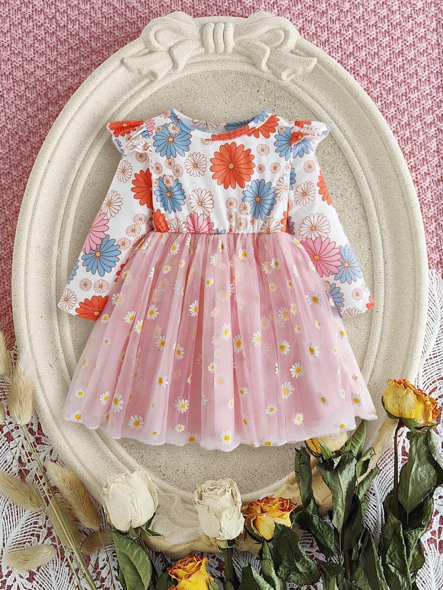 SHEIN 女婴 2-4 岁秋冬新品可爱休闲日常柔软面料花卉雏菊薄纱泡泡袖公主裙 - 粉色 - 查看 1