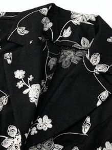 SHEIN Clasi Plus Size Black & White Floral Jacquard High Low Coat