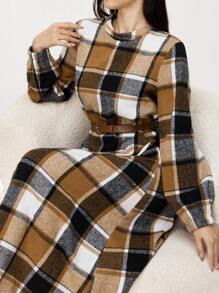Mulvari Women's Retro Plaid Cinched Waist Long Sleeve Modest Dress, Autumn - Khaki - View 2