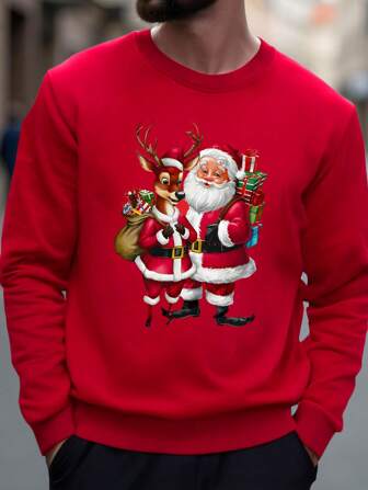 SHEIN 1pc Men's Fashion Streetwear Christmas Santa Claus & Light Graphic Round Neck Fleece Sweatshirt, Suitable For Christmas Party Outfit