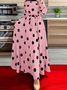 SHEIN Clasi Đầm Maxi Tay Dài In Chấm Bi Cổ Tròn Dáng Rộng Cho Nữ - Hồng - Xem 1