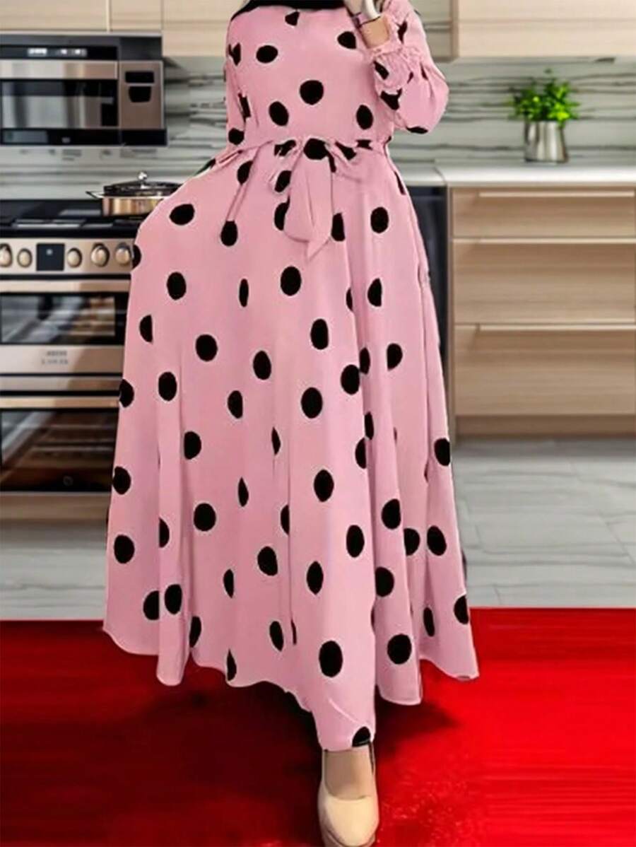 SHEIN Clasi Đầm Maxi Tay Dài In Chấm Bi Cổ Tròn Dáng Rộng Cho Nữ - Hồng - Xem 1