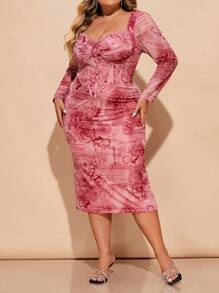 SHEIN CURVE+ 大码浪漫约会旅行蕾丝花卉印花网眼紧身中长连衣裙