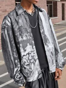 Manfinity NXTstreet Men's Digital Print Loose Woven Long Sleeve Jacket & Outerwear, For Fall Winter - Grey - View 3
