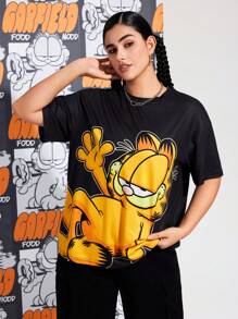 GARFIELD | SHEIN Plus Size Fashionable Street Style Cute Cartoon Graphic Cat Print Knit Loose Fit Short Sleeve Crew Neck Comfortable T-Shirt, For Summer
