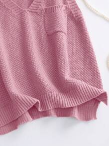 SHEIN LUNE Women's Casual V-Neck Small Pocket Pink Knitted Sweater Vest