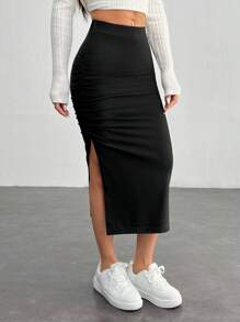 SHEIN PETITE 1pc Women Plain Color Split Pleat Minimalist A-Line Skirt, Casual Daily Wear
