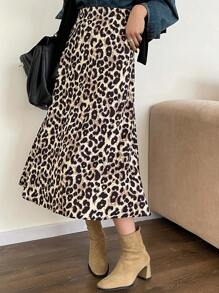 DAZY Falda midi de línea A con estampado de leopardo para mujeres