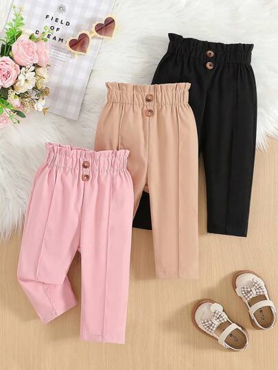 SHEIN Vintaside Kids Conjunto de 3 piezas de pantalones casuales de color liso para bebés niñas, adecuado para exterior, primavera/otoño