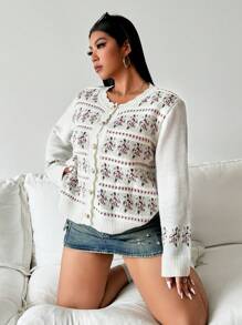 Calvaya Cárdigan con estampado floral y botones en la parte delantera para talla grande, de uso casual y diario para otoño/invierno - Multicolor - Ver 4