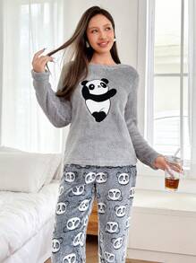 Women's Panda Embroidery Soft & Warm Fluffy Pajama Set For Autumn/Winter, Fall Winter Clothes, Cozy - Multicolor - View 5