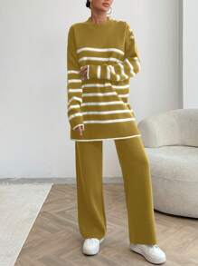 EURMUSE Women Stripe Pattern Button Detailed Round Neck Drop Shoulder Pullover & Sweater Pants Set - Mustard Yellow - View 7