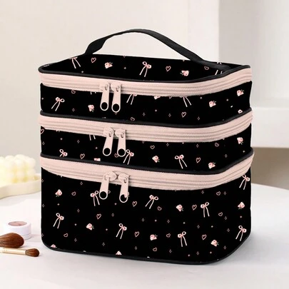 Trape Graphic Artist Kawaii Rose & Bow Pattern Fashionable Cute 3 Layers Cosmetic Bag For Storage, Square-Shaped Makeup Bags, Holiday, New Year, Valentine's Day