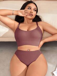 SHEIN Plus Size Women Solid Color Casual Lingerie Set, Lift - Burgundy - View 4