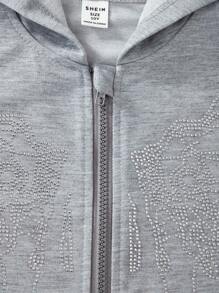 SHEIN Tween Girl Rhinestone Graphic Pocketed Hooded Sweatshirt Sweatshirt - Grey - View 6