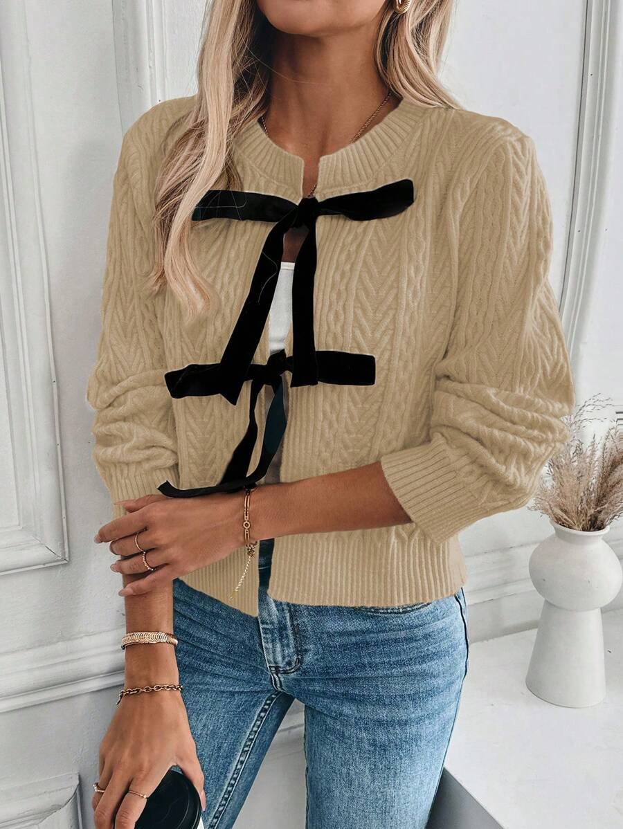 SHEIN Unity Cardigan Minimalis Lengan Panjang dengan Desain Kasual dan Tali Pengikat untuk Wanita, Cocok untuk Musim Gugur. - Aprikot - View 1