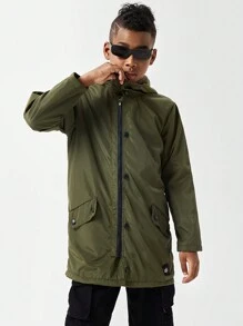 SHEIN Tween Boy Casual Plush Hooded Jacket - Army Green - View 7