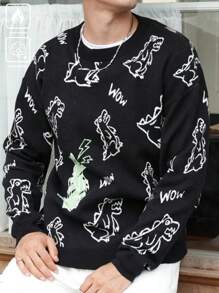 Manfinity Homme Herren lässiger Rundhals-Strickpullover mit Buchstaben- und Cartoon Dinosaurier Muster, Herbst/Winter