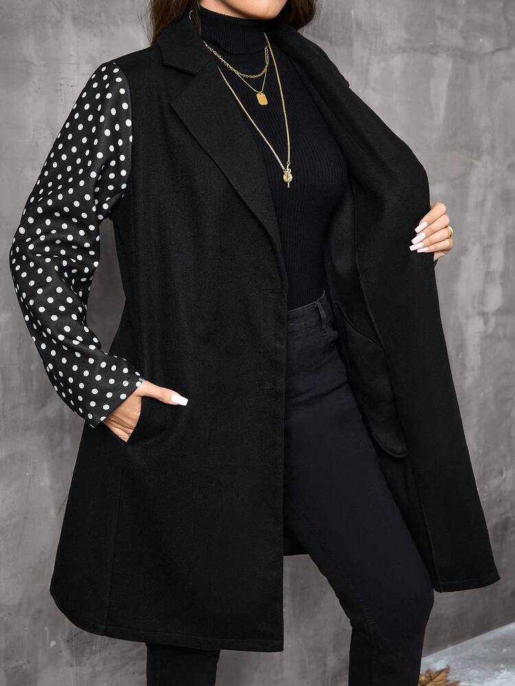 Plus Size Women Polka Dot Print Patchwork Long Sleeve Lapel Single-Breasted Long Coat Jacket, Winter Coat, Autumn&Winter Women Clothes