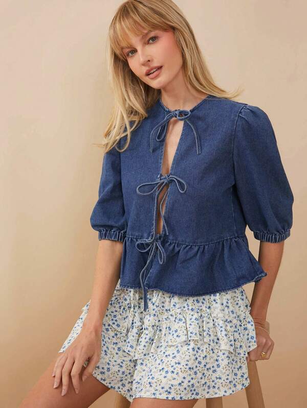WESTFADE Women Clothes, Blue Denim Tie-Front Tops With Elastic Sleeves And Peplum Waist For Everyday Wear, Festivals, Casual Wear