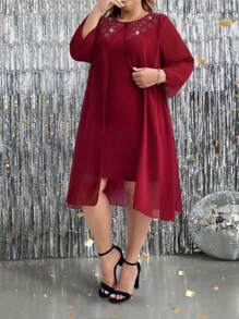 Plus Size Women's Elegant Wine Red Chiffon & Knit Sequin Trim 3/4 Sleeve Dress
