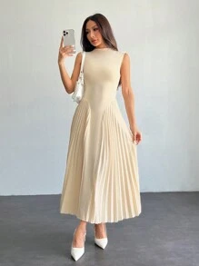 SHEIN PETITE Women Elegant Pleated Tight-Fitting A-Line Dress,Summer Dresses For Women,Tea Party Dress,White Graduation Dress,Business Casual Woman - Apricot - View 4