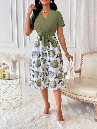 Xyvia 女士印花重叠V领短袖优雅连衣裙长款女装