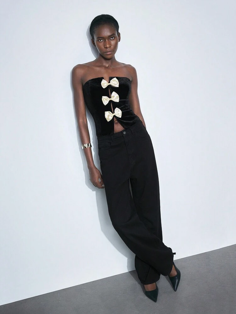 SHEIN Maija Women's Autumn/Winter Party Elegant Patchwork Bow Decor Black Velvet Cropped Tank Top Valentine's Day,Festival